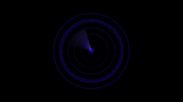 Blue Circular Radar Screen with Sweeping Scan Line and Concentric Rings . Futuristic blue radar with dynamic sweeping line and concentric circles, high-tech tracking interface.
