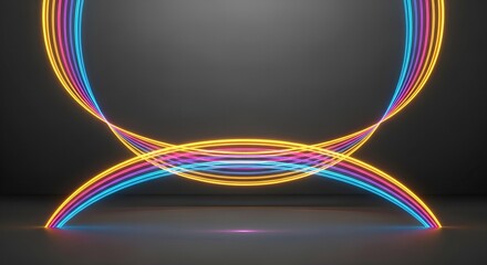 Abstract neon light archways intersecting in a dark, modern studio space with a subtle reflective floor