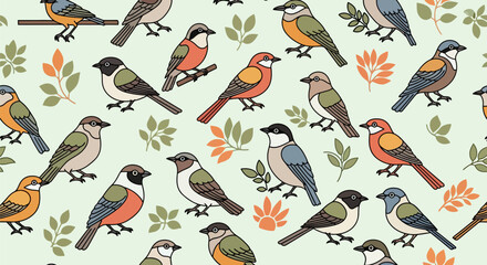 Fototapeta premium Charming Cartoon Birds and Autumn Leaves Seamless Pattern. Adorable Wildlife Design, Nature-Inspired Vector Illustration for Textile, Wallpaper, and Digital Projects.
