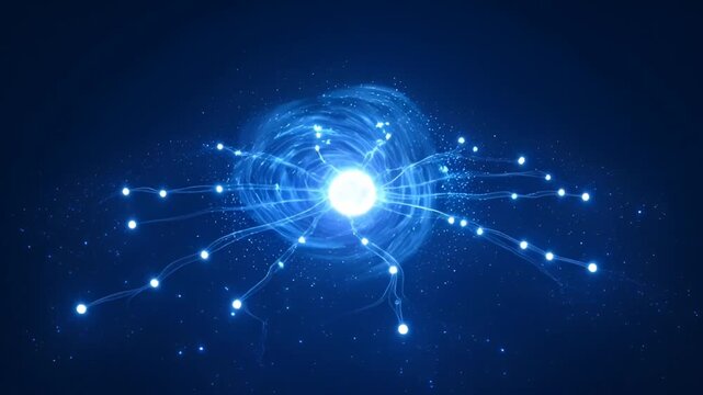 Abstract blue glowing central orb with radiating strands in a dark space