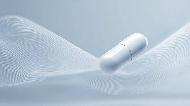 capsule hero shot with soft abstract clinical wave shapes in background, modern healthcare advertising style