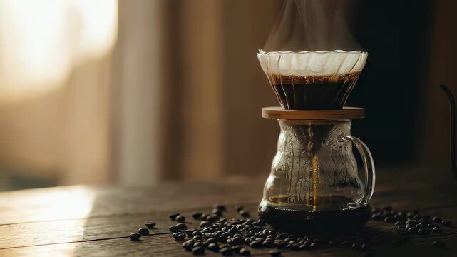 Drip brewing coffee process with steam from hot water over beans on a wooden table, International Coffee Day concept