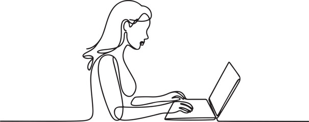 Continuous one line drawing of a young woman sitting at a laptop.one line vector illustration with white background