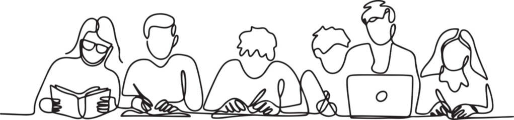 one continuous line drawing of students studying from different races and skin types.one line vector illustration with white background