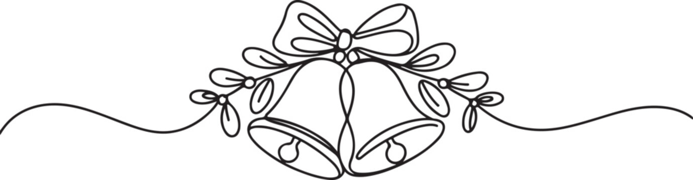 One continuous line drawing of christmas bells. Xmas festive decoration with mistletoe and bow in simple linear style.one line vector illustration with white background