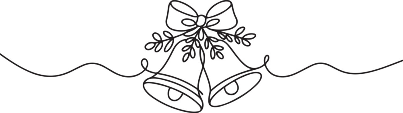 One continuous line drawing of christmas bells. Xmas festive decoration with mistletoe and bow in simple linear style.one line vector illustration with white background