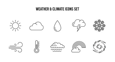 Fototapeta premium Collection of minimalist line art weather condition icons depicting sun, rain, wind, storm, and temperature variations beautifully illustrated.