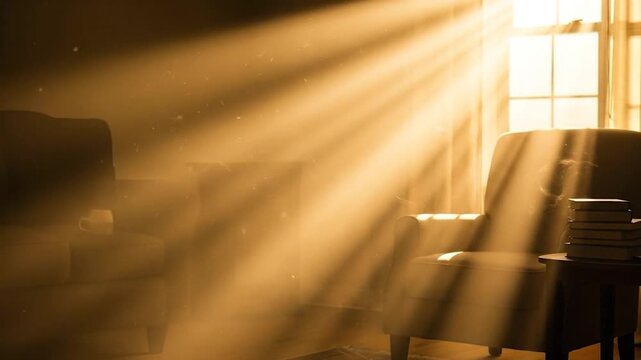 Sunlight Streaming Through Church Window Pews.