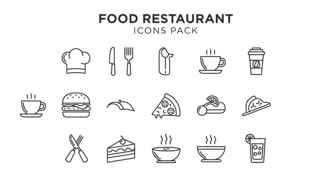 A sleek, minimal line art icon pack featuring essential food and restaurant elements perfect for modern digital design projects.