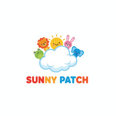 A cheerful illustration with friendly animals peeking out from a cloud with a smiling sun above