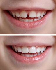 Fototapeta premium split screen before and after, before slightly dull enamel texture, after healthy natural enamel sheen