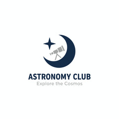 Fototapeta premium A logo featuring a dark blue crescent moon with a star and a telescope, with the club's name below