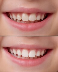 Fototapeta premium before after comparison split, before visible plaque near gumline, after clean bright teeth