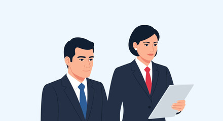 Professional Business Team Illustration. Male and Female Executives in Suits Working Together. Corporate Partnership Concept.