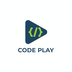 Fototapeta premium A dark blue rounded triangle containing source code symbols, above the text 