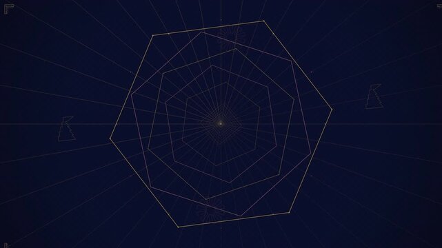 A geometric pattern with overlapping lines forming a multi-sided shape against a dark backdrop