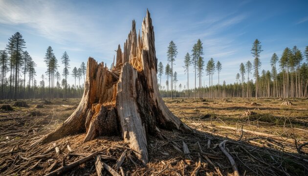 Large old tree stump in clearcut forest