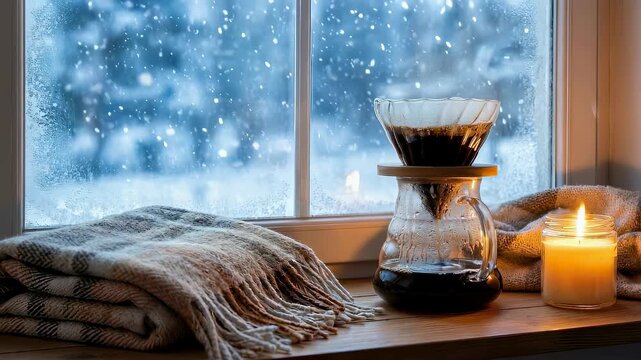 Drip coffee brewing process on wintry window sill with blanket and burning candle for cozy warm indoor concept.