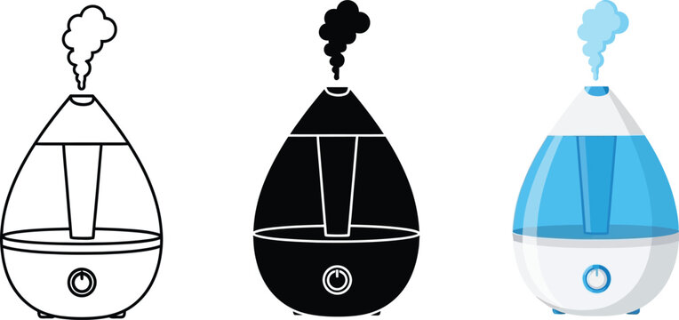 Set of humidifier icons in outline silhouette and color vector styles representing clean air and home comfort for wellness apps