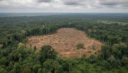 Obraz premium Aerial view rainforest clearing, widespread deforestation