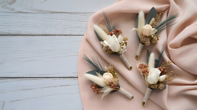 Chic collection of three delicate boutonnieres with white roses and fluffy accents, artfully arranged on a soft pink fabric for a wedding or special event.