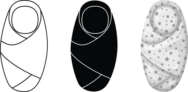 Set of baby swaddle icons line art silhouette and patterned illustration for newborn care and sleep concepts isolated on white