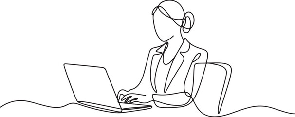 Continuous One Line art Business woman working on computer illustration of a single line drawing