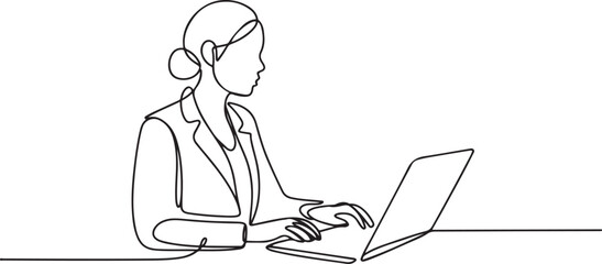 Continuous One Line art Business woman working on computer illustration of a single line drawing