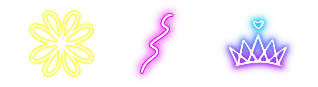 Set of three glowing neon icons featuring flower, squiggle and crown on transparent background with vibrant colors