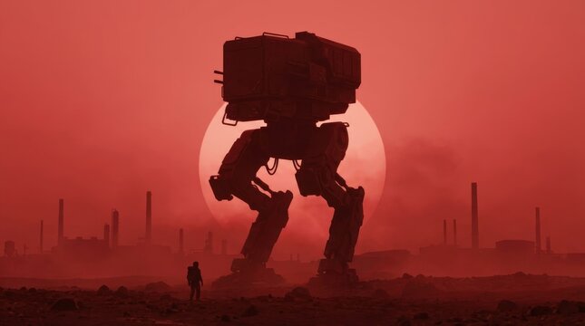 Person observes giant mech on red planet