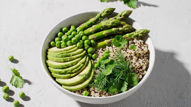 Healthy quinoa salad bowl with avocado, asparagus, and peas
