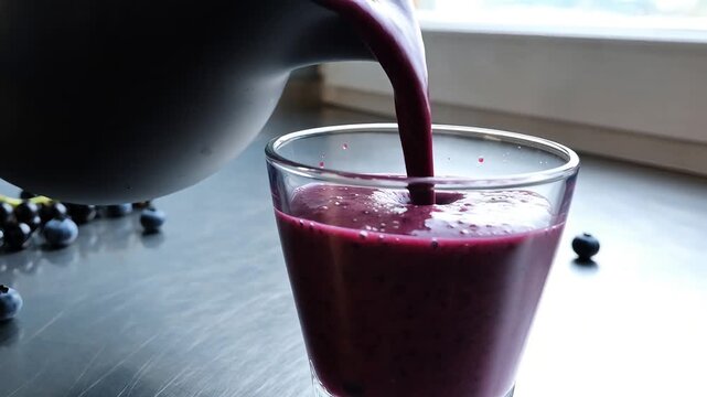Fresh blueberry and blackcurrant smoothie pouring into glass representing antioxidant rich drink and healthy breakfast