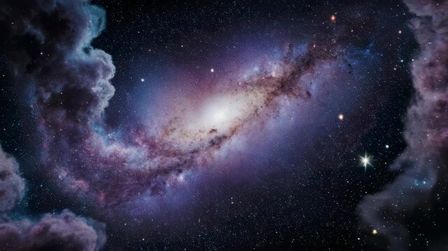A vibrant, star-filled nebula frames a distant, glowing spiral galaxy in deep space
