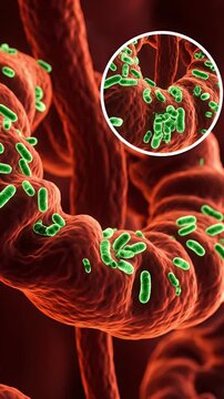 Detailed 3D Medical Animation of Healthy Human Intestinal Microflora Vibrant Red Gut Lining Surface with Microscopic Green Bacteria Colonies Zoomed