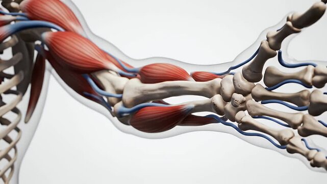 Detailed 3D Medical Animation of Human Arm Musculature and Skeletal Anatomy Showing Biceps Triceps Brachialis and Forearm Muscles with Vascular