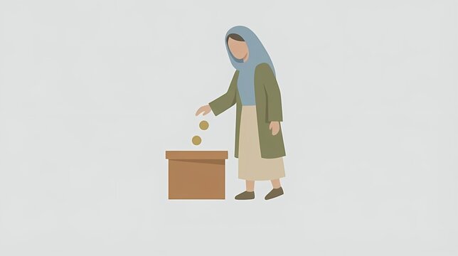 Biblical illustration of poor widow giving two mites offering to charity box, AI generated