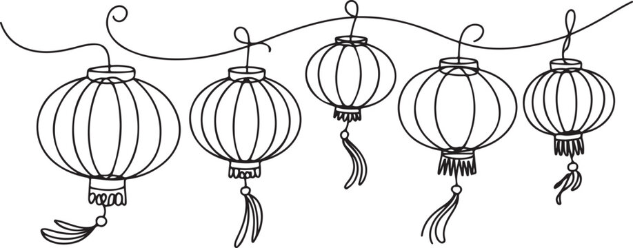 continuous line drawing of chinese lanterns.one line drawing of chinese new year celebration illustration of a single line drawing