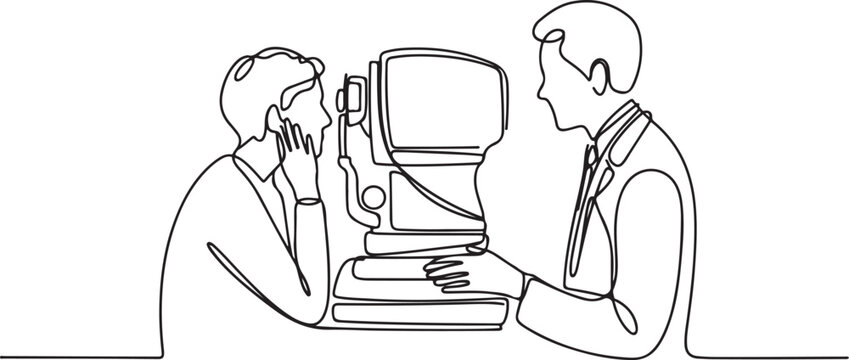 An ophthalmologist uses modern technologies to perform computer perimetry .illustration of a single line drawing