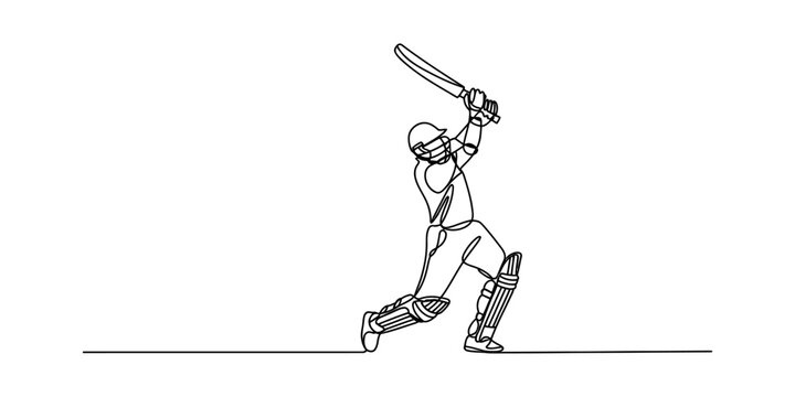 Continuous line drawing of a cricket player swinging a bat in a dynamic sports action pose. Vector, illustration