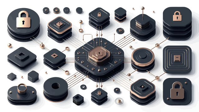 Collection of 3D rendered black security icons with gold lock symbols.