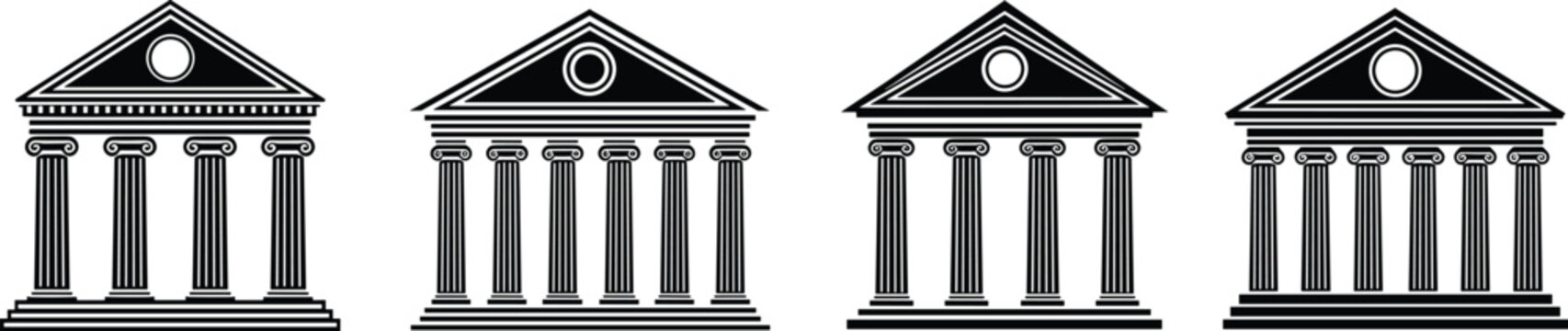  Minimalist Black Classical Building Facade Icons Vector Set with Columns Pediment and Central Emblem for Bank Museum Courthouse and Government Institution
