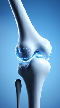 Detailed 3D rendering of a healthy human knee joint with glowing blue synovial fluid and clean bone structure against a vibrant blue gradient