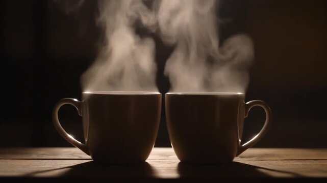 Two steaming hot coffee cups on a wooden table in a dark room.