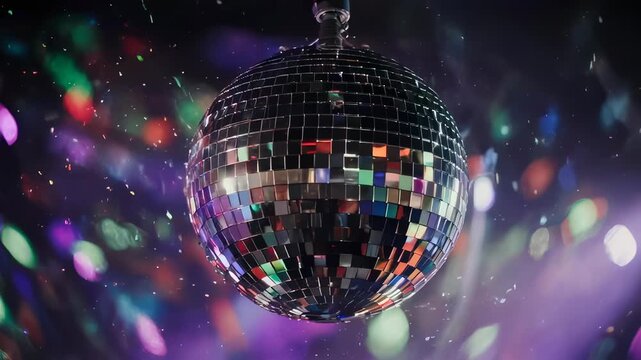 A suspended, multifaceted globe reflects colorful lights amidst falling confetti