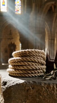 Coiled rope on ancient stone surface inside majestic cathedral with dramatic sunlight rays used for religious concepts and historical symbols