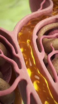 Detailed 3D rendering of kidney stones forming within the renal pelvis and ureter obstructing urine flow showing calcified deposits and golden liquid