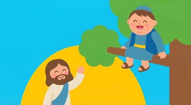 Zacchaeus climbing sycamore tree to see Jesus biblical illustration, AI generated