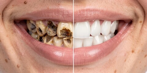 Obraz premium Close up smile comparison showing decayed teeth versus healthy white teeth, dental hygiene and oral care concept, before and after dentistry treatment background