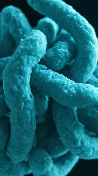 Detailed 3D Rendering of Vibrio Cholerae Bacteria Microscopic View in Cyan Lighting Showing Rod Shape Structure and Virulence Factors for Medical