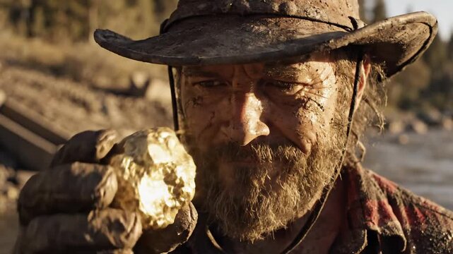 Dirty prospector proudly shows large gold nugget found while mining in remote river